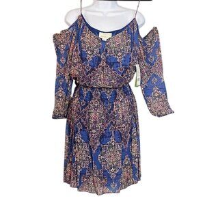 Nicole Miller Artelier Boho Blue Print Off-Shoulder Midi Dress With Elastic Wais